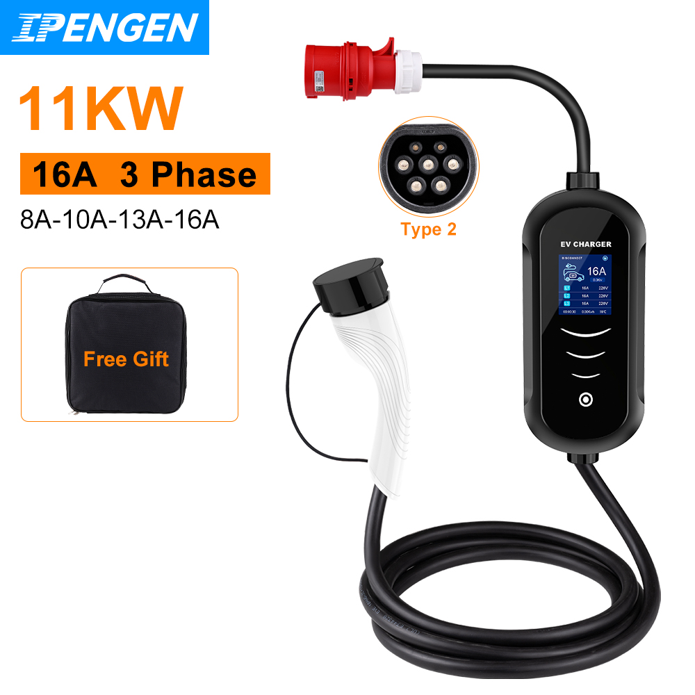 IPENGEN 11KW 16A 3 Phase EV Po - Portable Ev Charger 32A Type 2 Cee Plug 评论和价格